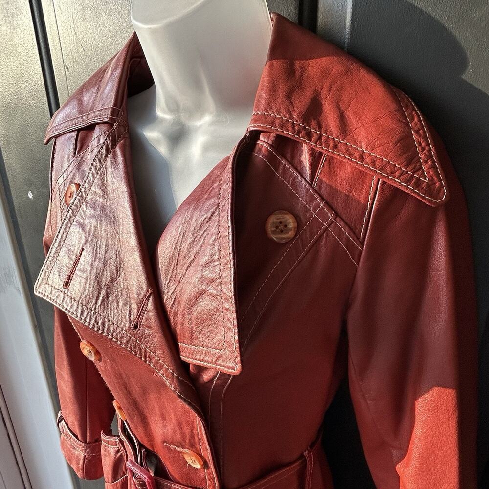 VTG 70s Sears JR Bazaar Leather Trench Coat Women's 7 Rust Red Retro Chic Disco - Picture 10 of 16
